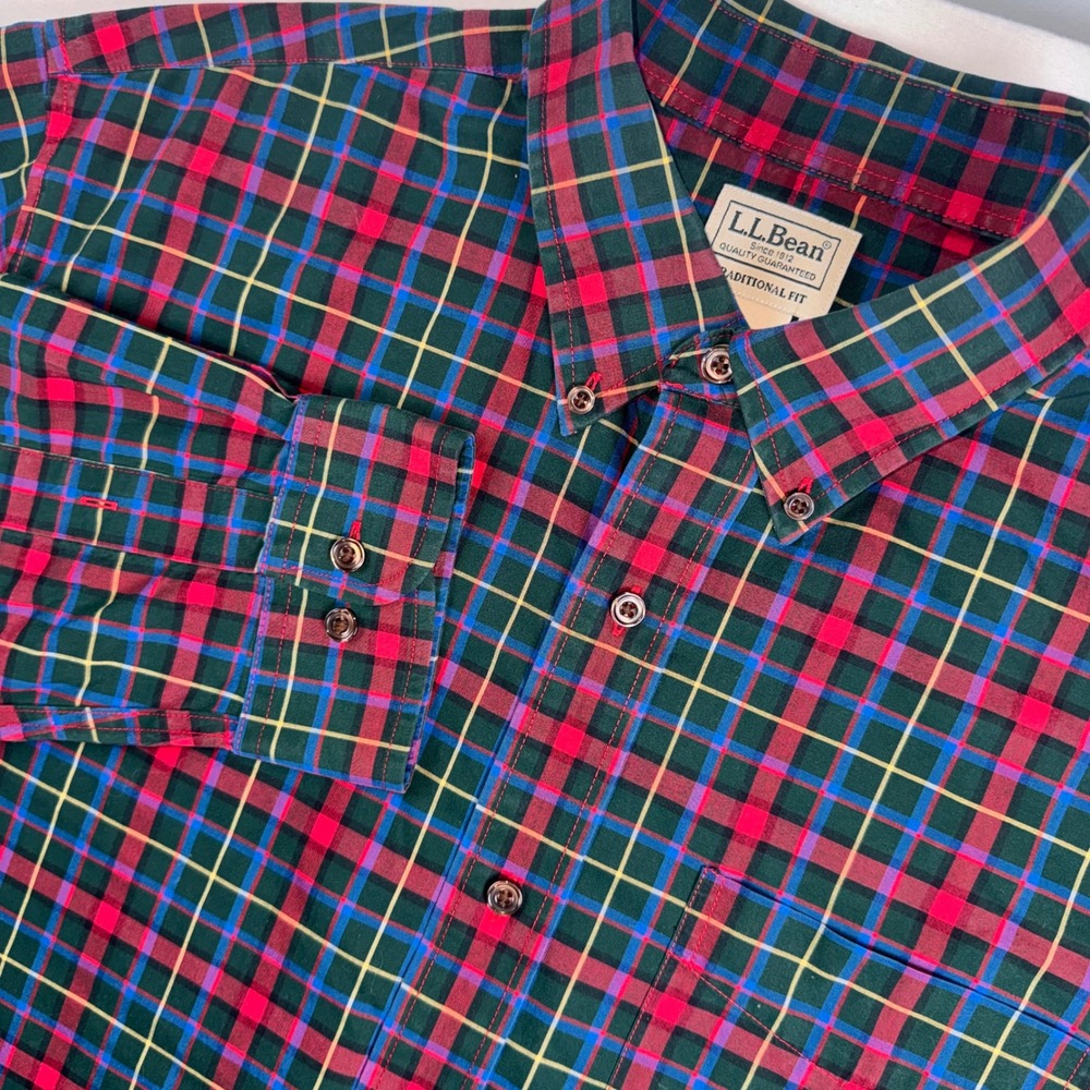 L.L. Bean Plaid Button Down Mens Large Green Red Traditional Fit Cotton Shirt
